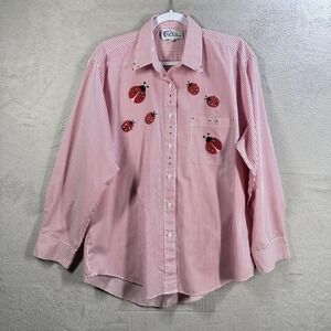 Las Olas Red Stripe Lady Bug Shirt Sz XL Button Front Summer Patriotic